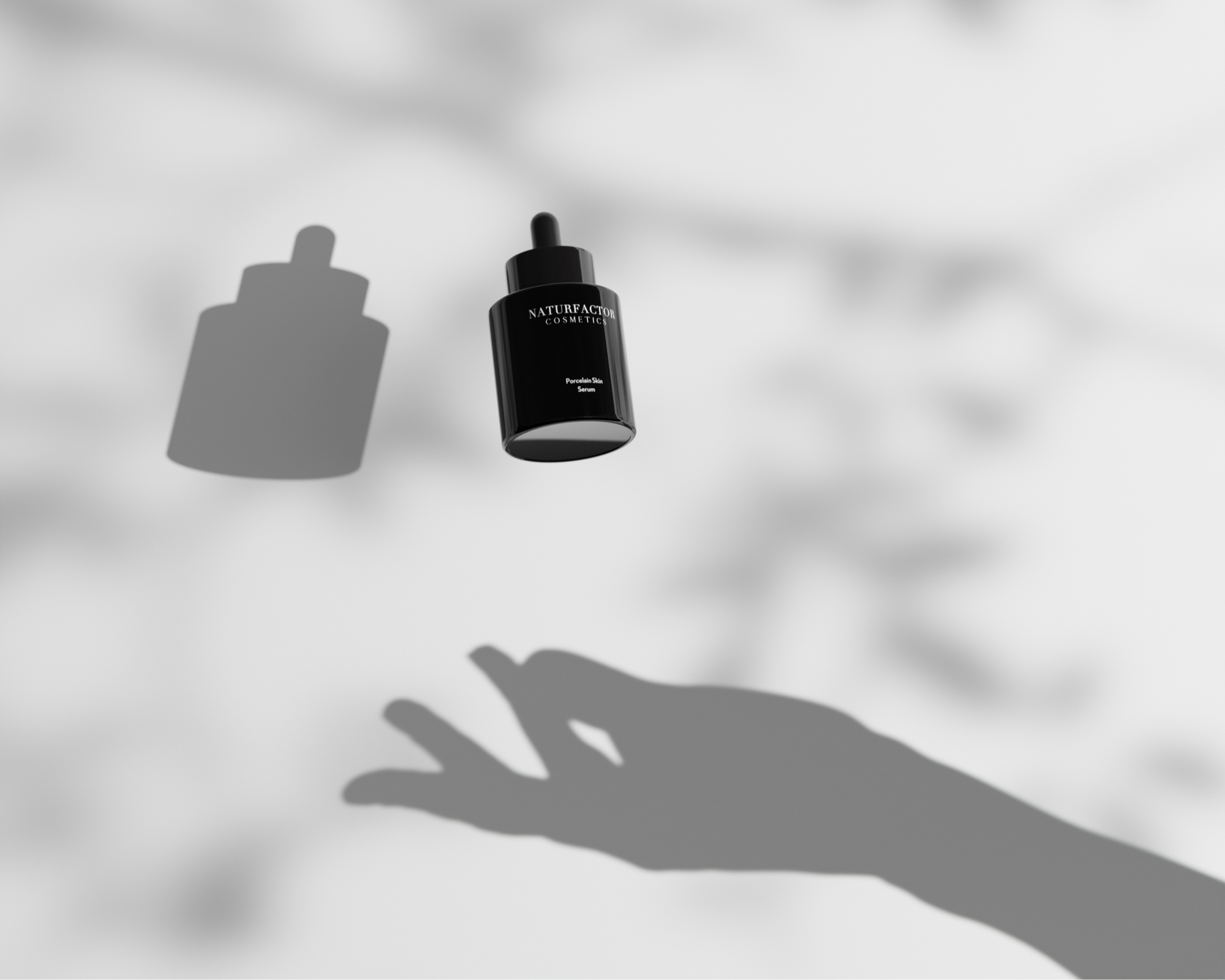 A shadow of a levitating Bottle over a hand